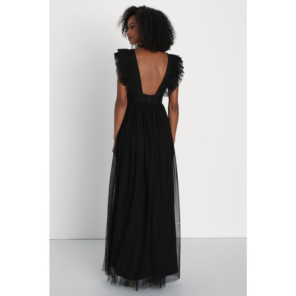 NWT Lulus Simply Delighted Black Mesh Ruffle Backless Maxi Dress Whimsigoth Sz M - Picture 3 of 8